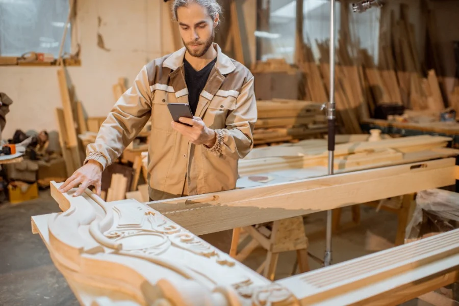Handwerker fotografiert Schnitzarbeit mit dem Smartphone in der Werkstatt